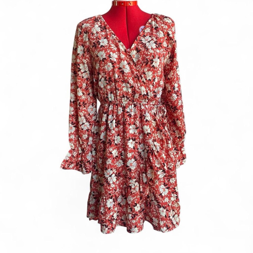 Hayden Floral Wrap Tie-Waist Long Sleeve Dress - Rust